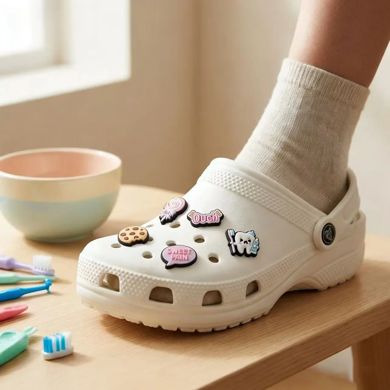 25pcs Cute Dentist Protect Tooth Shoe Charms Accessories Slipper Sandals Shoes Buckles Funny Toothbrush Teeth Shoe Decorate