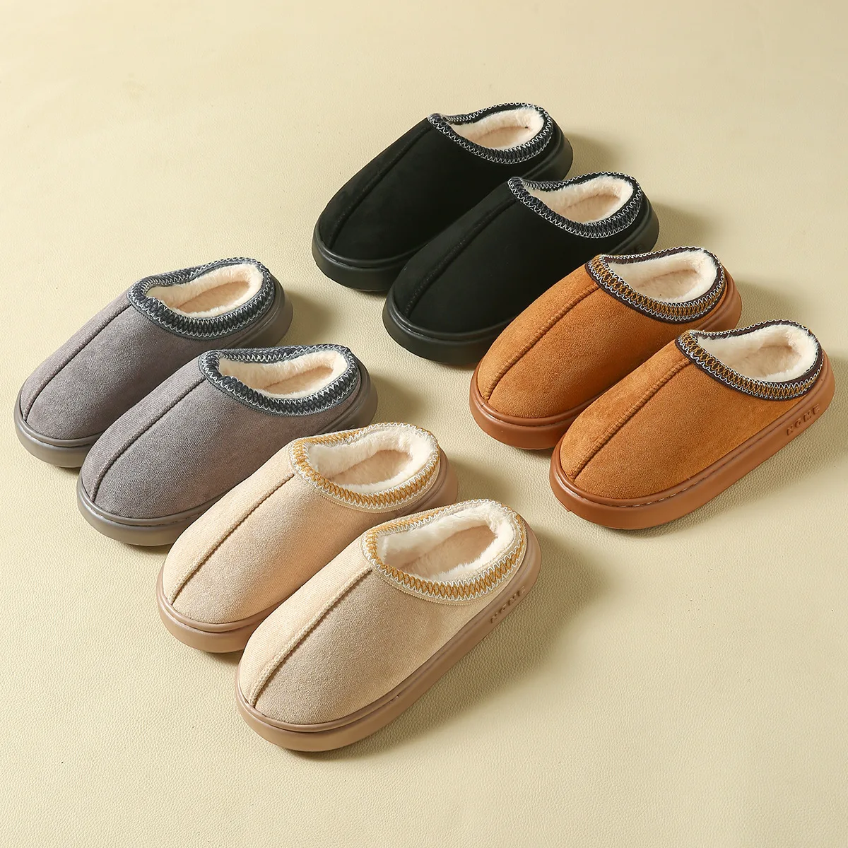 Men's High-End New Solid Color Faux Suede Patchwork Couple's Home Slippers, Thick-Soled, Non-Slip, Lightweight, Warm Cotton Slippers for Women