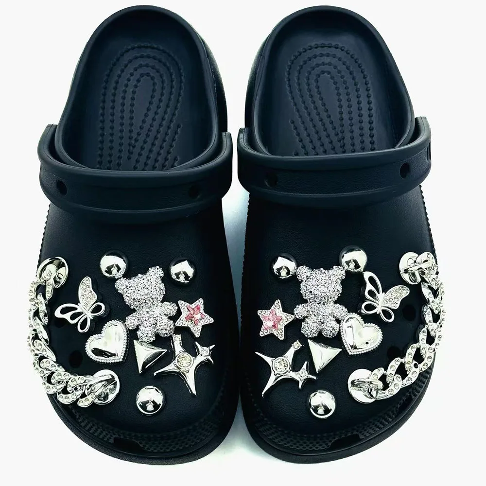 20PCS Summer Fashion Shoe Charms Set Accessories for Clogs Shoe Buckle Silver Bear Butterfly Diamond Chain DIY Shoes Decorations