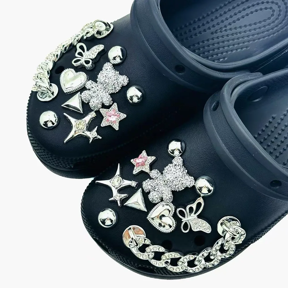 20PCS Summer Fashion Shoe Charms Set Accessories for Clogs Shoe Buckle Silver Bear Butterfly Diamond Chain DIY Shoes Decorations