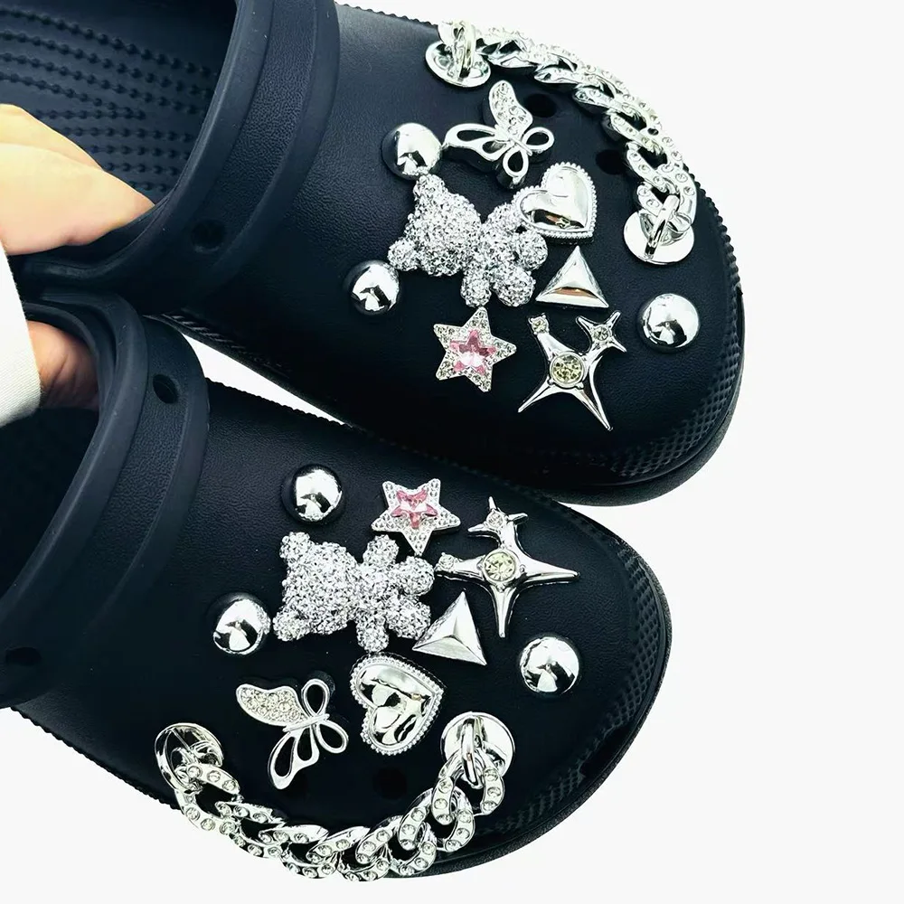20PCS Summer Fashion Shoe Charms Set Accessories for Clogs Shoe Buckle Silver Bear Butterfly Diamond Chain DIY Shoes Decorations