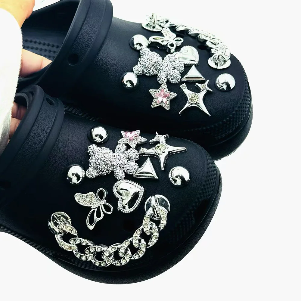 20PCS Summer Fashion Shoe Charms Set Accessories for Clogs Shoe Buckle Silver Bear Butterfly Diamond Chain DIY Shoes Decorations