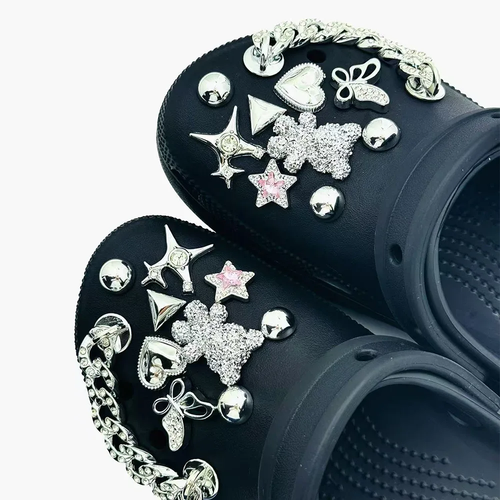 20PCS Summer Fashion Shoe Charms Set Accessories for Clogs Shoe Buckle Silver Bear Butterfly Diamond Chain DIY Shoes Decorations