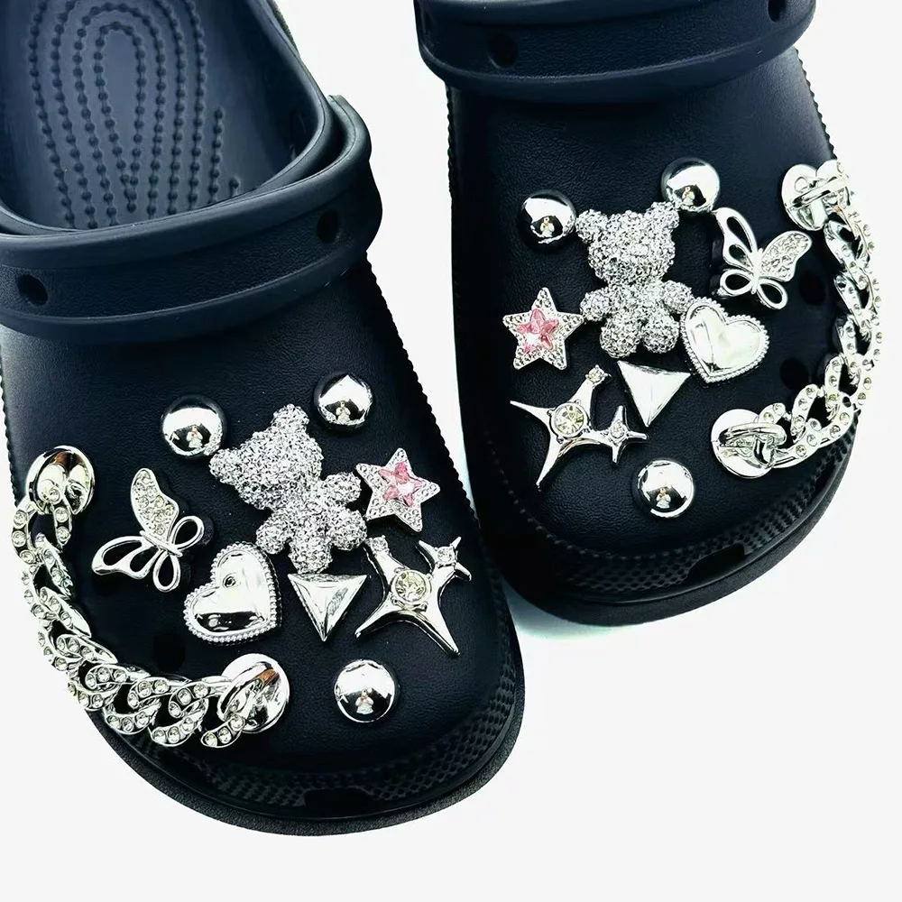 20PCS Summer Fashion Shoe Charms Set Accessories for Clogs Shoe Buckle Silver Bear Butterfly Diamond Chain DIY Shoes Decorations