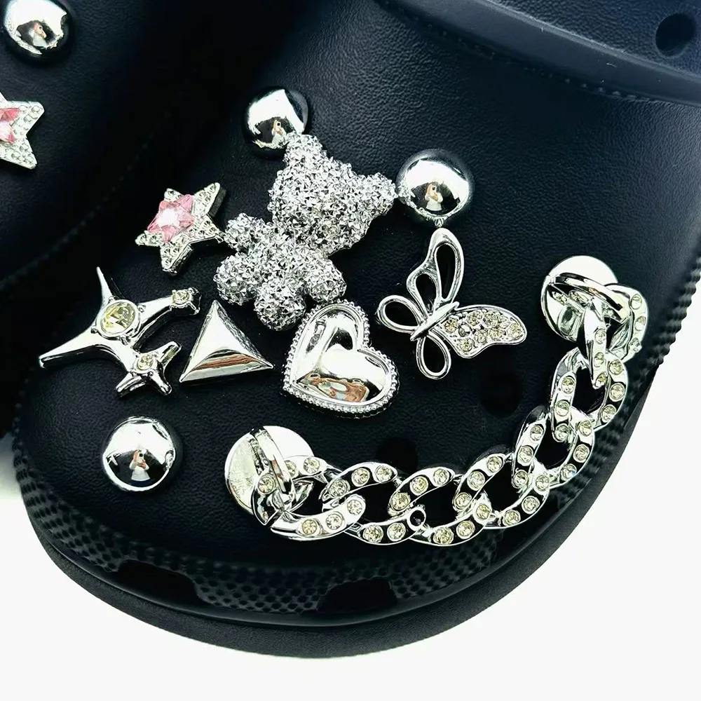 20PCS Summer Fashion Shoe Charms Set Accessories for Clogs Shoe Buckle Silver Bear Butterfly Diamond Chain DIY Shoes Decorations