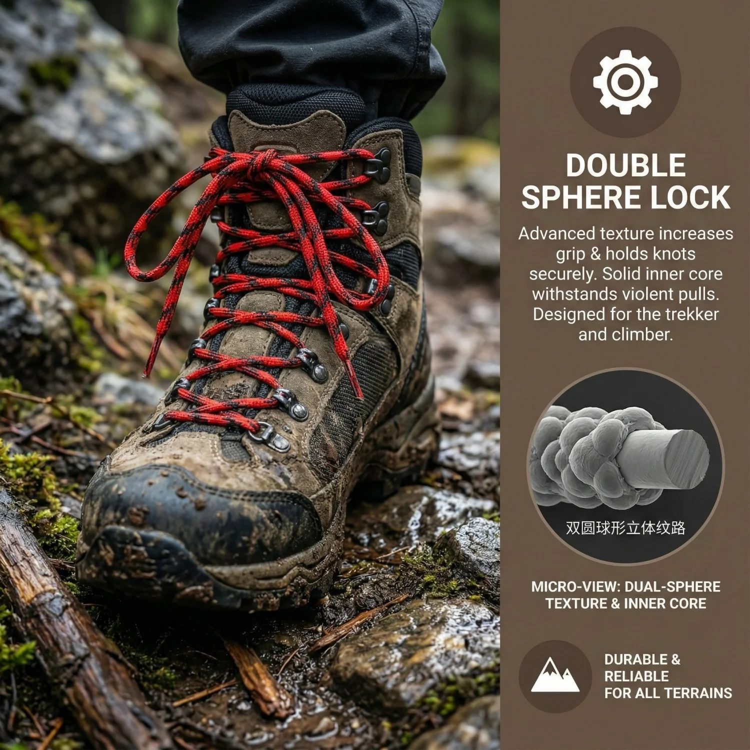 2 Pairs Round Wave Shape Non Slip Heavy Duty and Durable Outdoor Climbing Shoelaces Hiking Shoe Laces Shoestrings