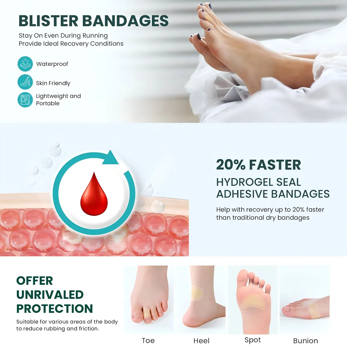 Hydrocolloid Gel Blister Bandages Pads 10-32ct Waterproof Adhesive Blisters Bandages Blister Pads for Heel, Foot, Toe, Feet