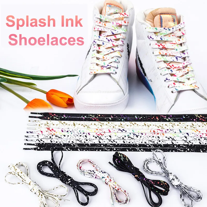 Ink Splatter Shoelaces for Sneakers Quality Fabric Shoelace Fashion 0.8cm Flats Rainbow Laces 100/120/140/160CM Shoe Accessories