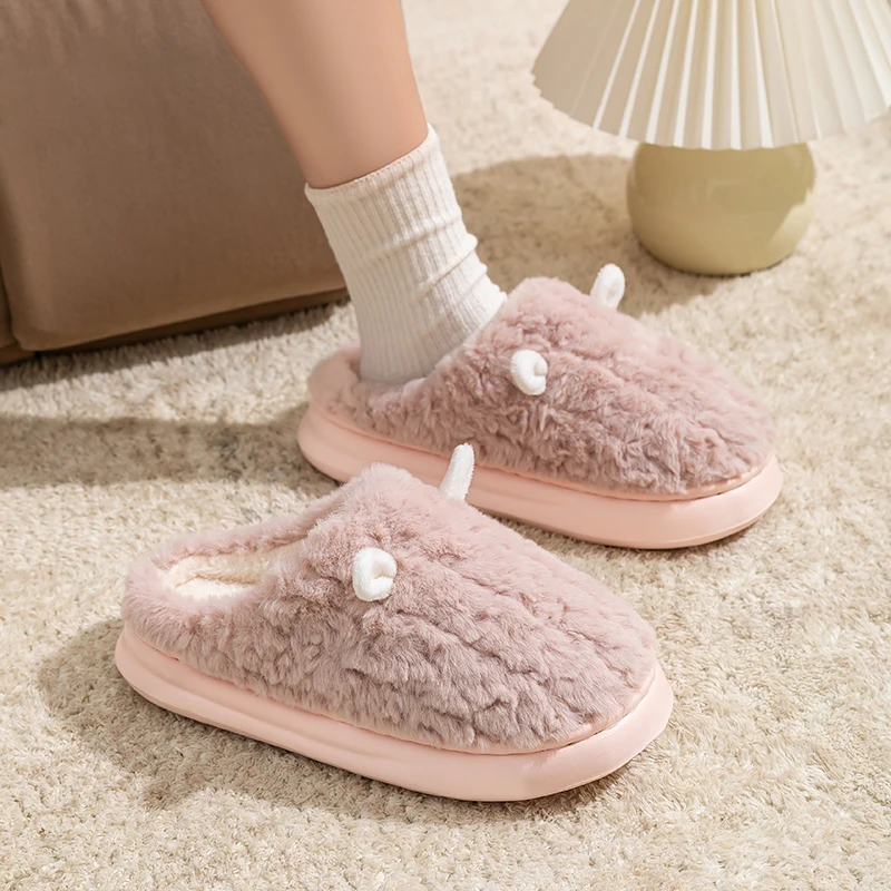 Women's Winter Warm Cute Cartoon Slippers Closed Toe Non Slip Furry House Shoes Men Indoor Bedroom Thick Sole Plush Slippers