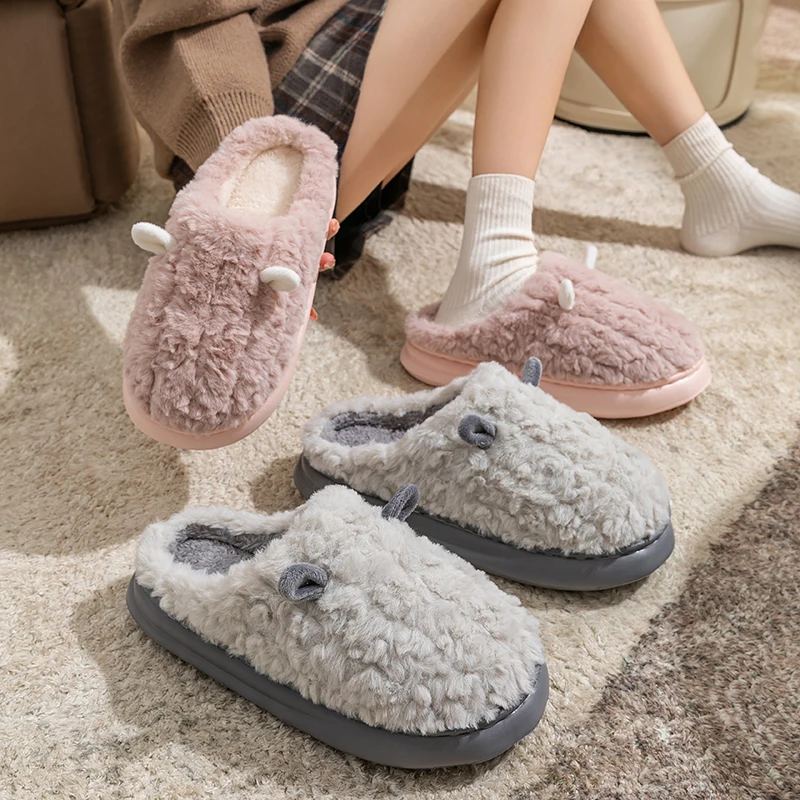 Women's Winter Warm Cute Cartoon Slippers Closed Toe Non Slip Furry House Shoes Men Indoor Bedroom Thick Sole Plush Slippers