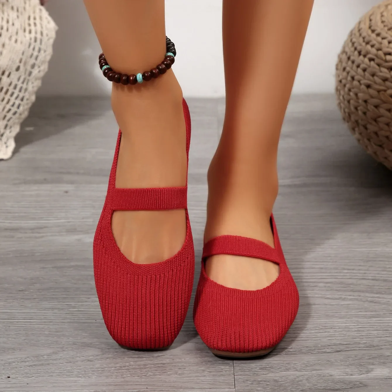 Women Casual Knitted Ballet Flats Shoes 2025 Comfortable Anti-slip Strap Loafers Mary Jane Lightweight Daily Walking Sneakers