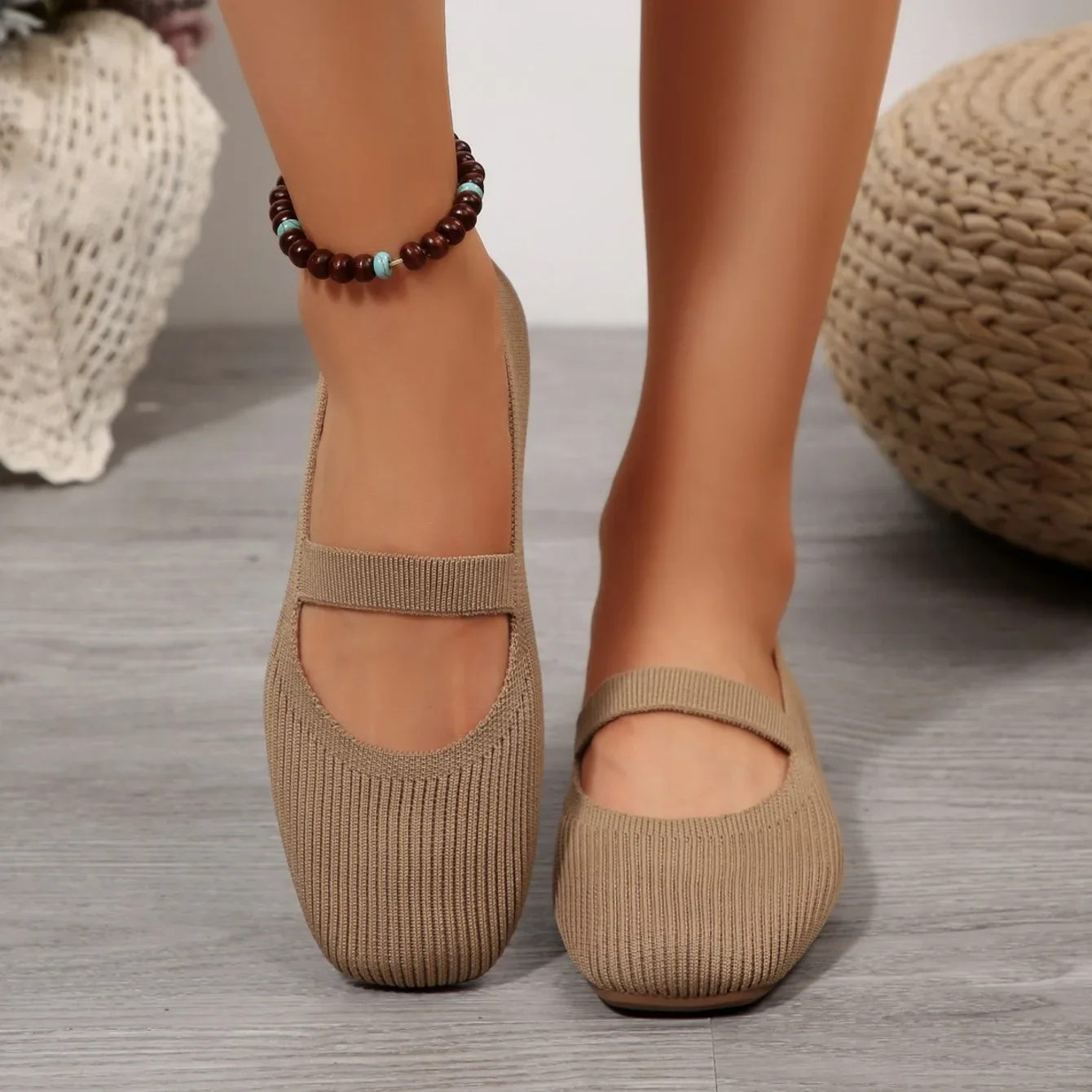 Women Casual Knitted Ballet Flats Shoes 2025 Comfortable Anti-slip Strap Loafers Mary Jane Lightweight Daily Walking Sneakers