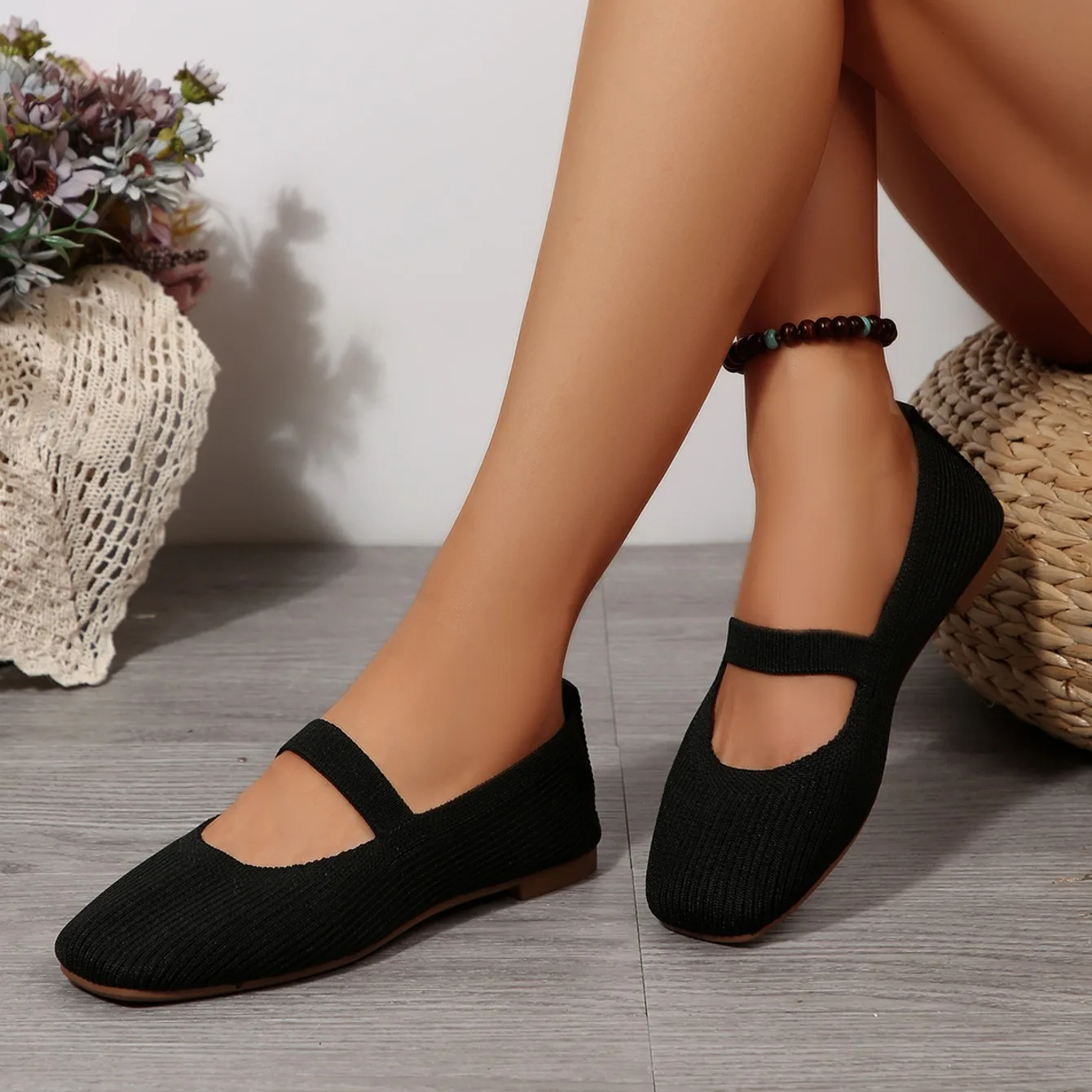 Women Casual Knitted Ballet Flats Shoes 2025 Comfortable Anti-slip Strap Loafers Mary Jane Lightweight Daily Walking Sneakers