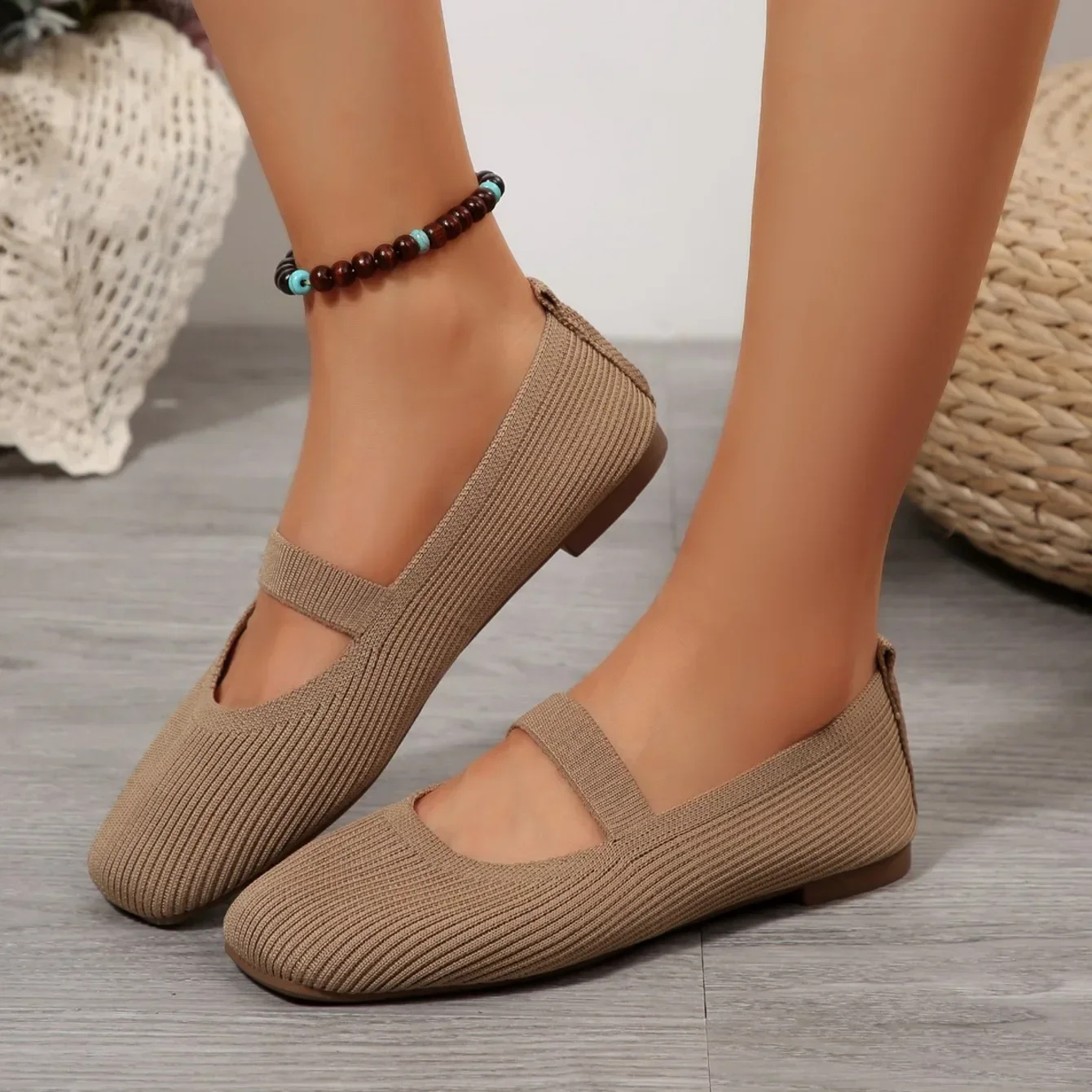 Women Casual Knitted Ballet Flats Shoes 2025 Comfortable Anti-slip Strap Loafers Mary Jane Lightweight Daily Walking Sneakers