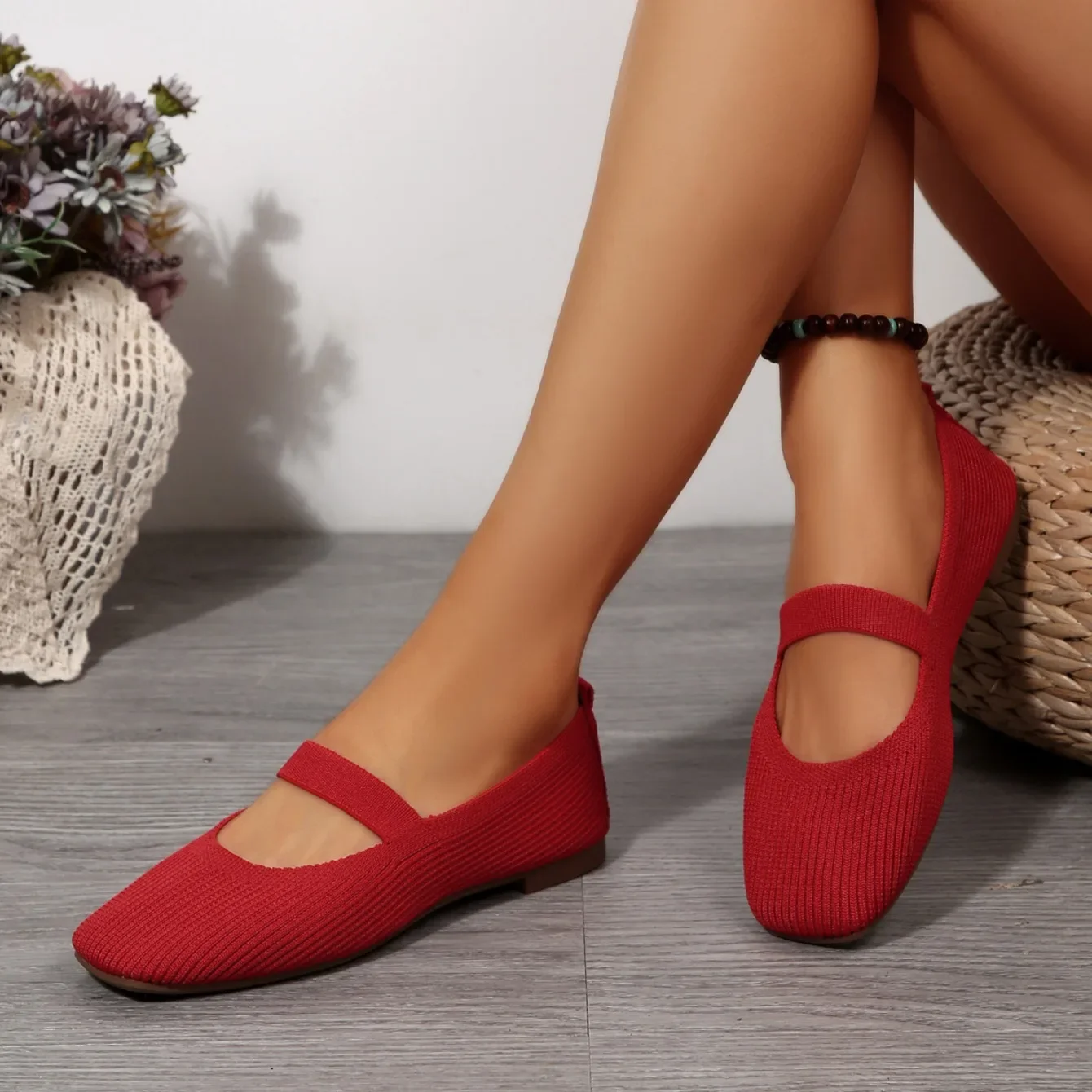 Women Casual Knitted Ballet Flats Shoes 2025 Comfortable Anti-slip Strap Loafers Mary Jane Lightweight Daily Walking Sneakers