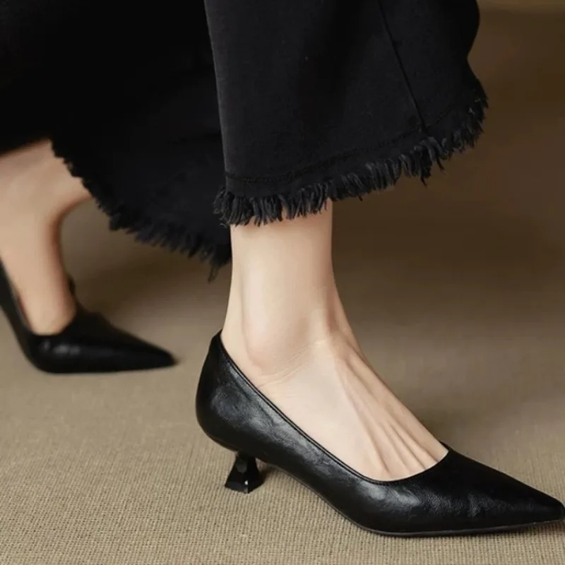 Women's Cow Leather Pointed Toe Slip-on Pumps High Quality Soft Comfortable Elegant Ladies Thin High Heel Slim Dress Shoes