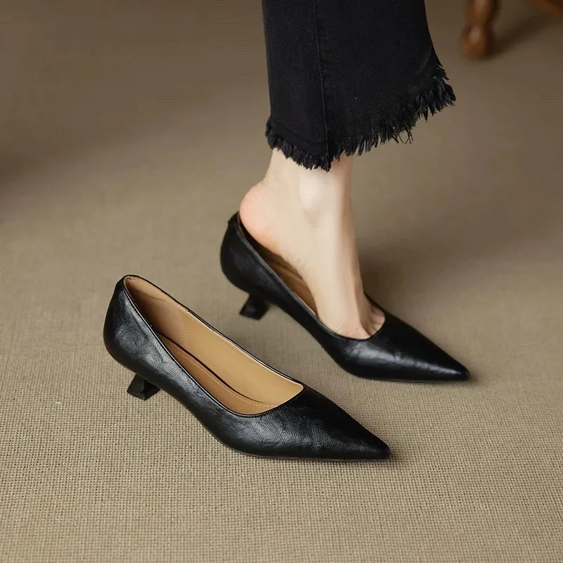 Women's Cow Leather Pointed Toe Slip-on Pumps High Quality Soft Comfortable Elegant Ladies Thin High Heel Slim Dress Shoes