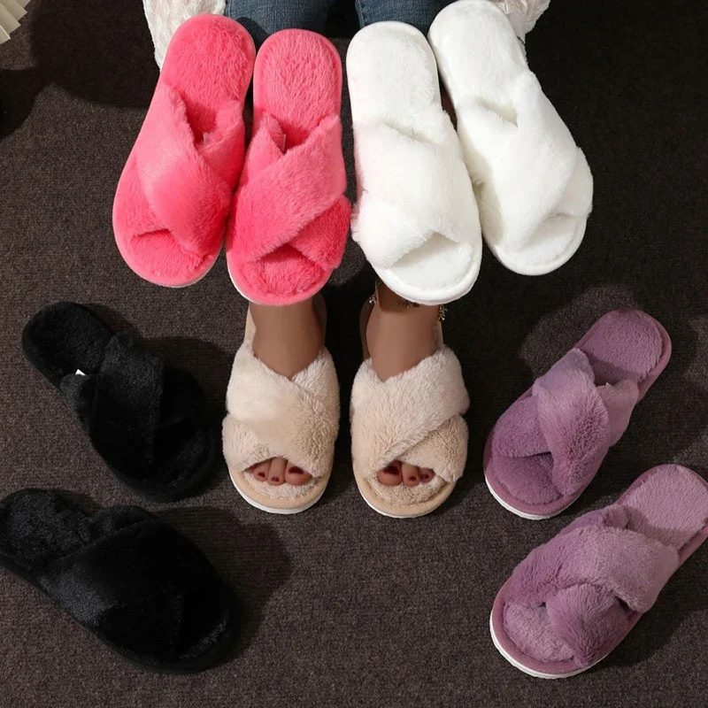 Women Fluffy Furry Slippers Cross Warm Lightweight Flat Heels Non Slip Home Shoes Autumn Winter Open Toe Fur Slides