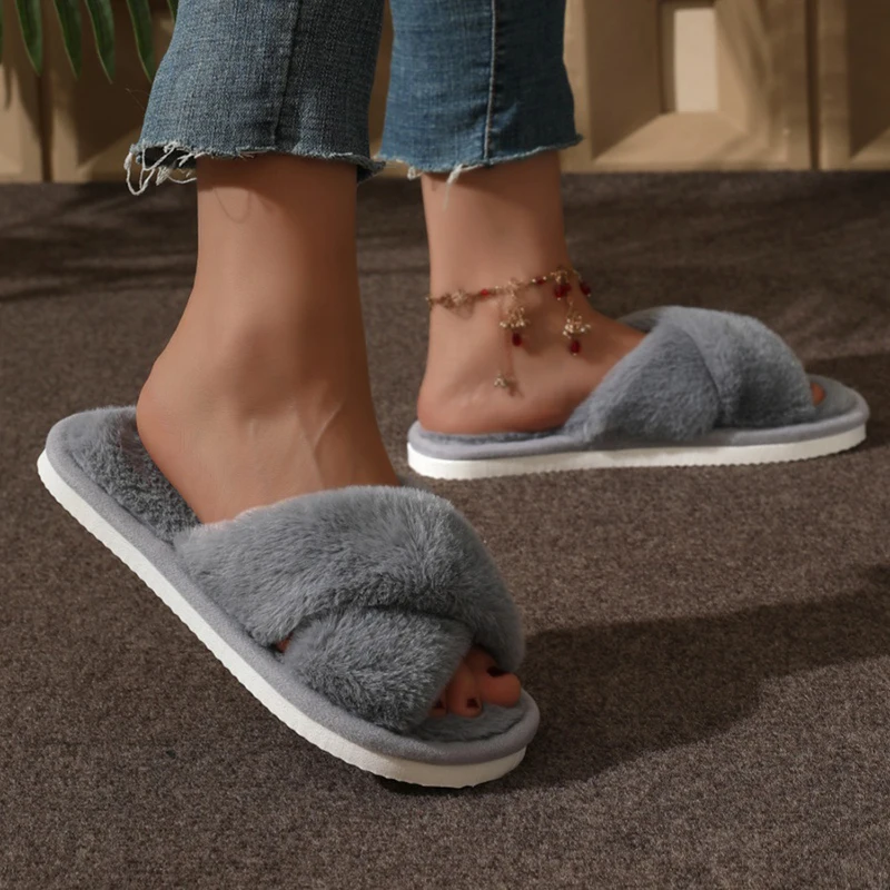 Women Fluffy Furry Slippers Cross Warm Lightweight Flat Heels Non Slip Home Shoes Autumn Winter Open Toe Fur Slides