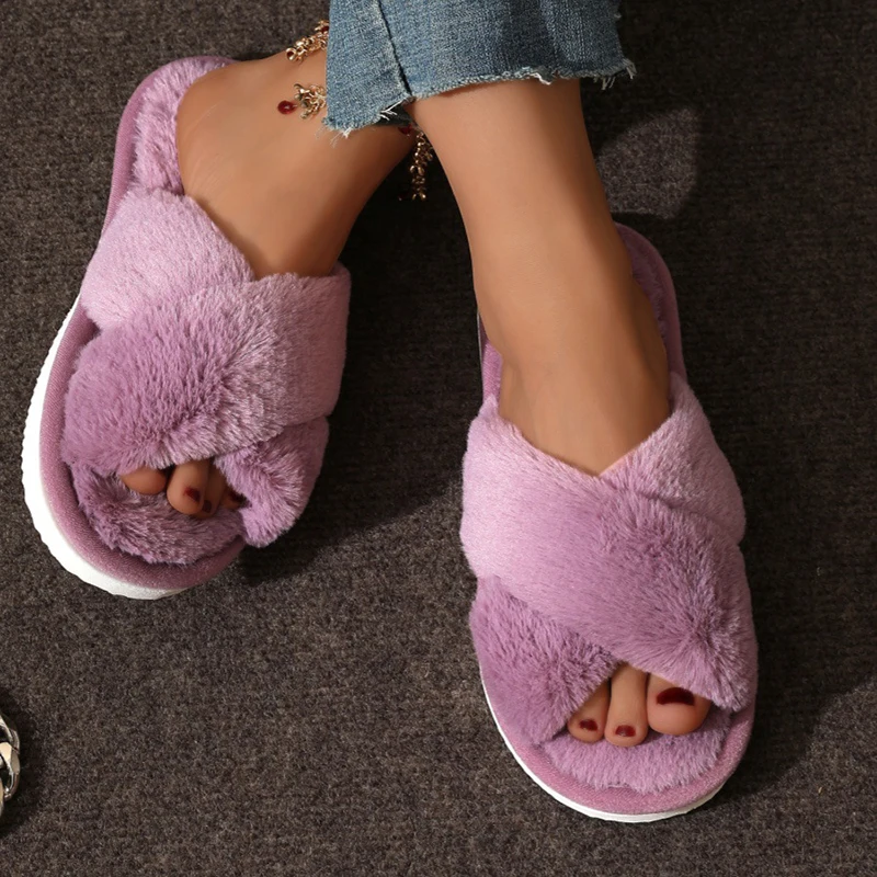 Women Fluffy Furry Slippers Cross Warm Lightweight Flat Heels Non Slip Home Shoes Autumn Winter Open Toe Fur Slides