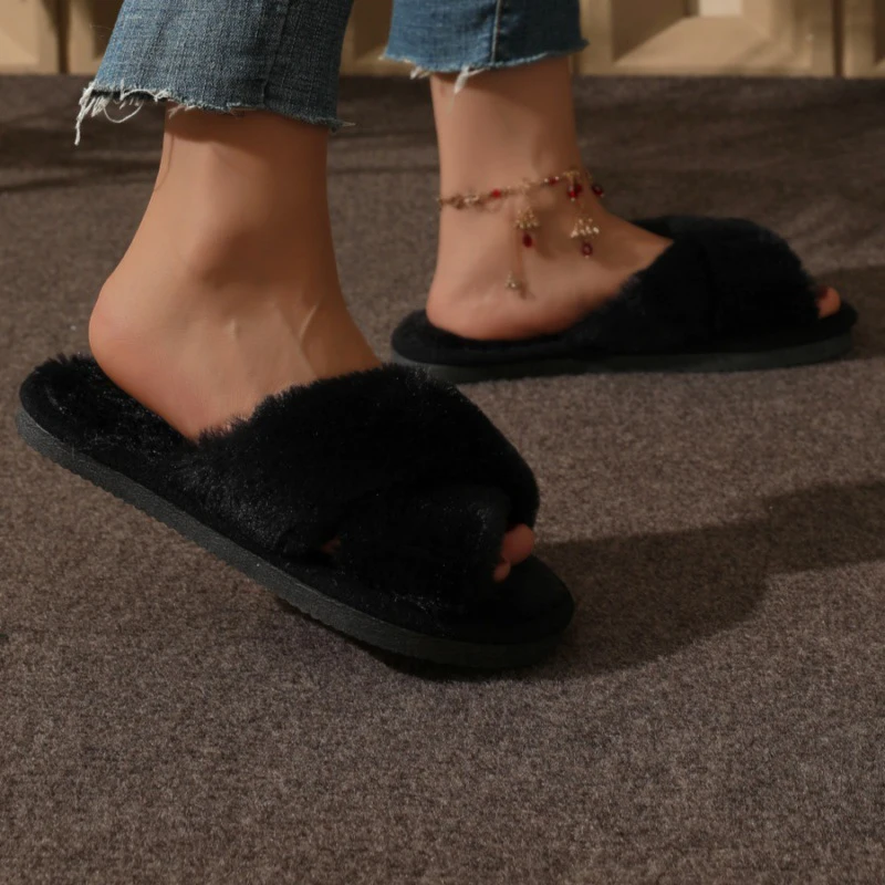 Women Fluffy Furry Slippers Cross Warm Lightweight Flat Heels Non Slip Home Shoes Autumn Winter Open Toe Fur Slides