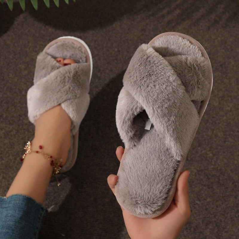 Women Fluffy Furry Slippers Cross Warm Lightweight Flat Heels Non Slip Home Shoes Autumn Winter Open Toe Fur Slides