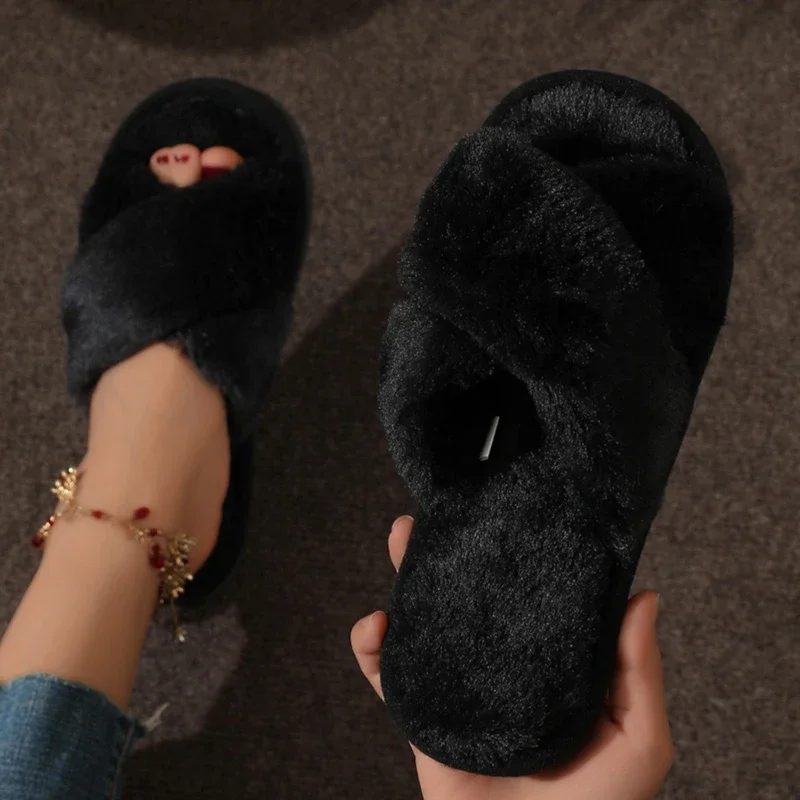 Women Fluffy Furry Slippers Cross Warm Lightweight Flat Heels Non Slip Home Shoes Autumn Winter Open Toe Fur Slides
