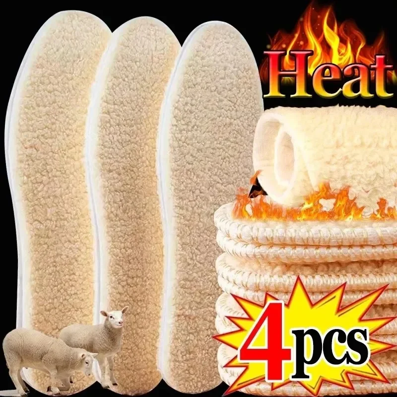 1-6Pairs Natural Sheepskin Wool Insoles For Shoes Men Winter Feet Warm Thicken Fluffy Fleece Insoles Women Snow Boots Shoe Pads