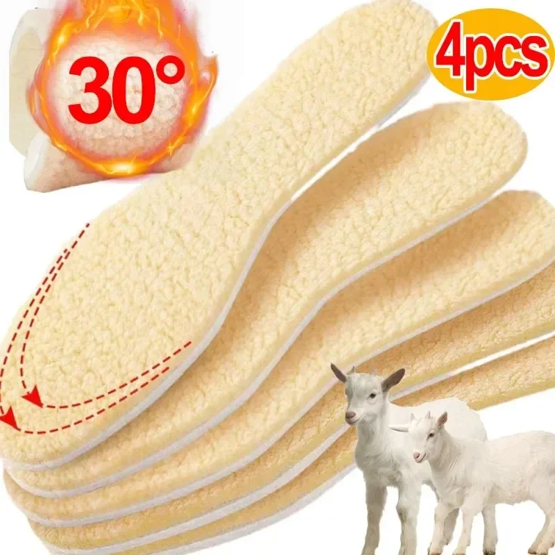1-6Pairs Natural Sheepskin Wool Insoles For Shoes Men Winter Feet Warm Thicken Fluffy Fleece Insoles Women Snow Boots Shoe Pads