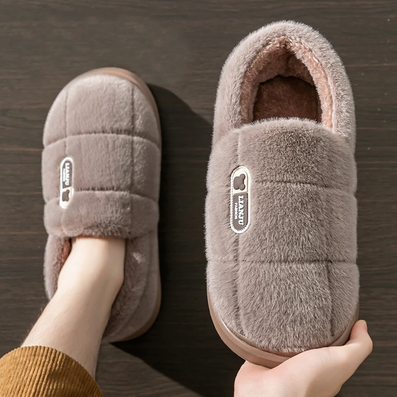 Men's slippers Winter Solid Color Wrap Heels Plush Slippers Non-slip Warm Women Men Home Casual Cotton Shoes Big Size 50 51