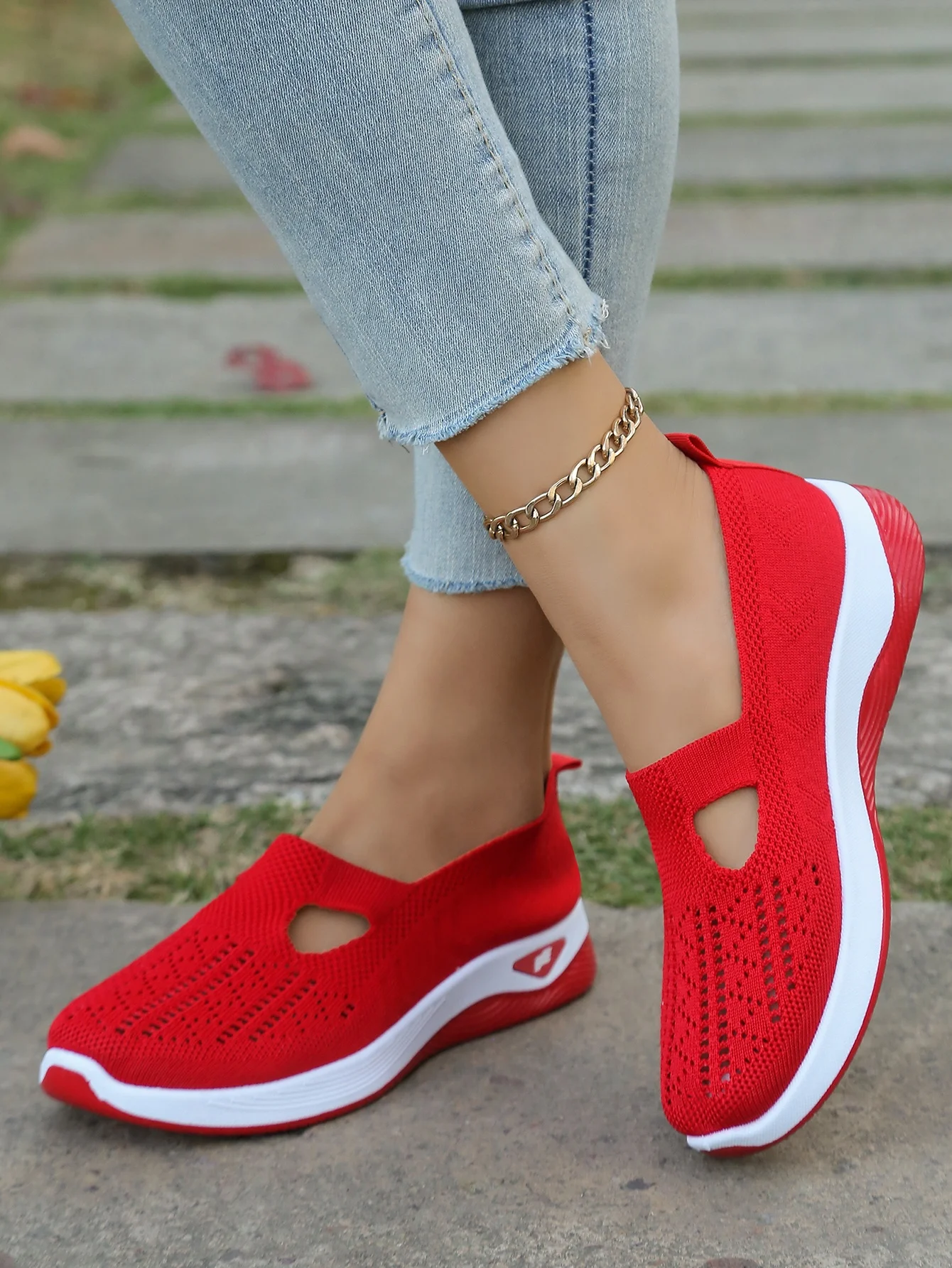 Women's Hollow Knit Mesh Slip On Sneakers, Orthopedic Comfortable Walking Shoes, Casual Flats for Elderly