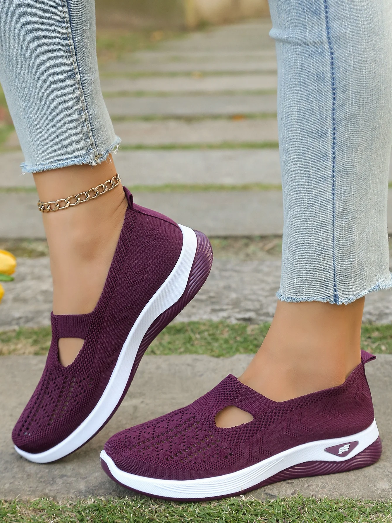 Women's Hollow Knit Mesh Slip On Sneakers, Orthopedic Comfortable Walking Shoes, Casual Flats for Elderly