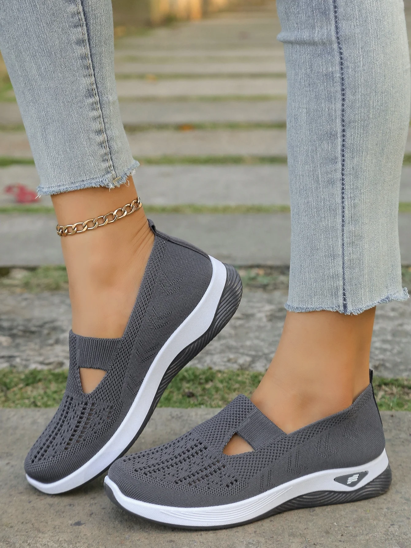 Women's Hollow Knit Mesh Slip On Sneakers, Orthopedic Comfortable Walking Shoes, Casual Flats for Elderly