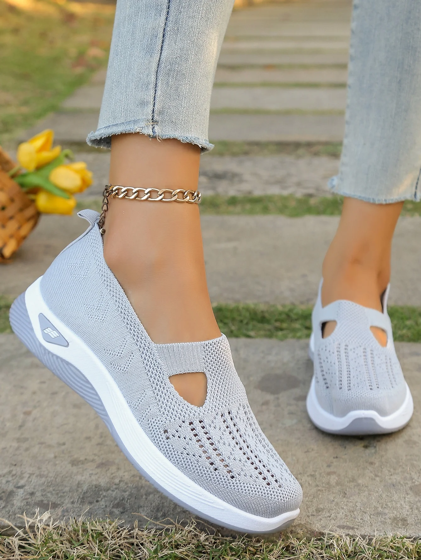 Women's Hollow Knit Mesh Slip On Sneakers, Orthopedic Comfortable Walking Shoes, Casual Flats for Elderly