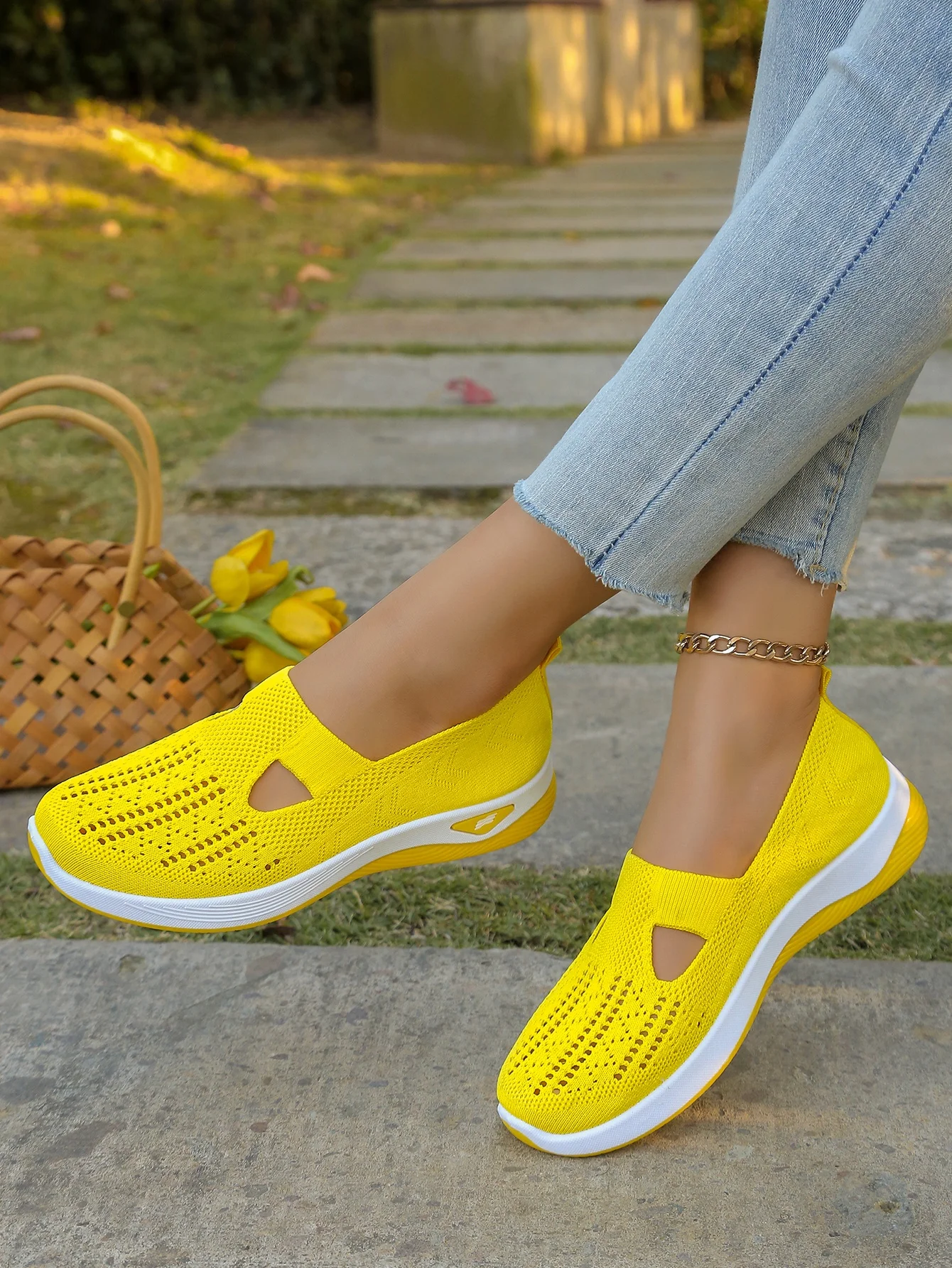Women's Hollow Knit Mesh Slip On Sneakers, Orthopedic Comfortable Walking Shoes, Casual Flats for Elderly