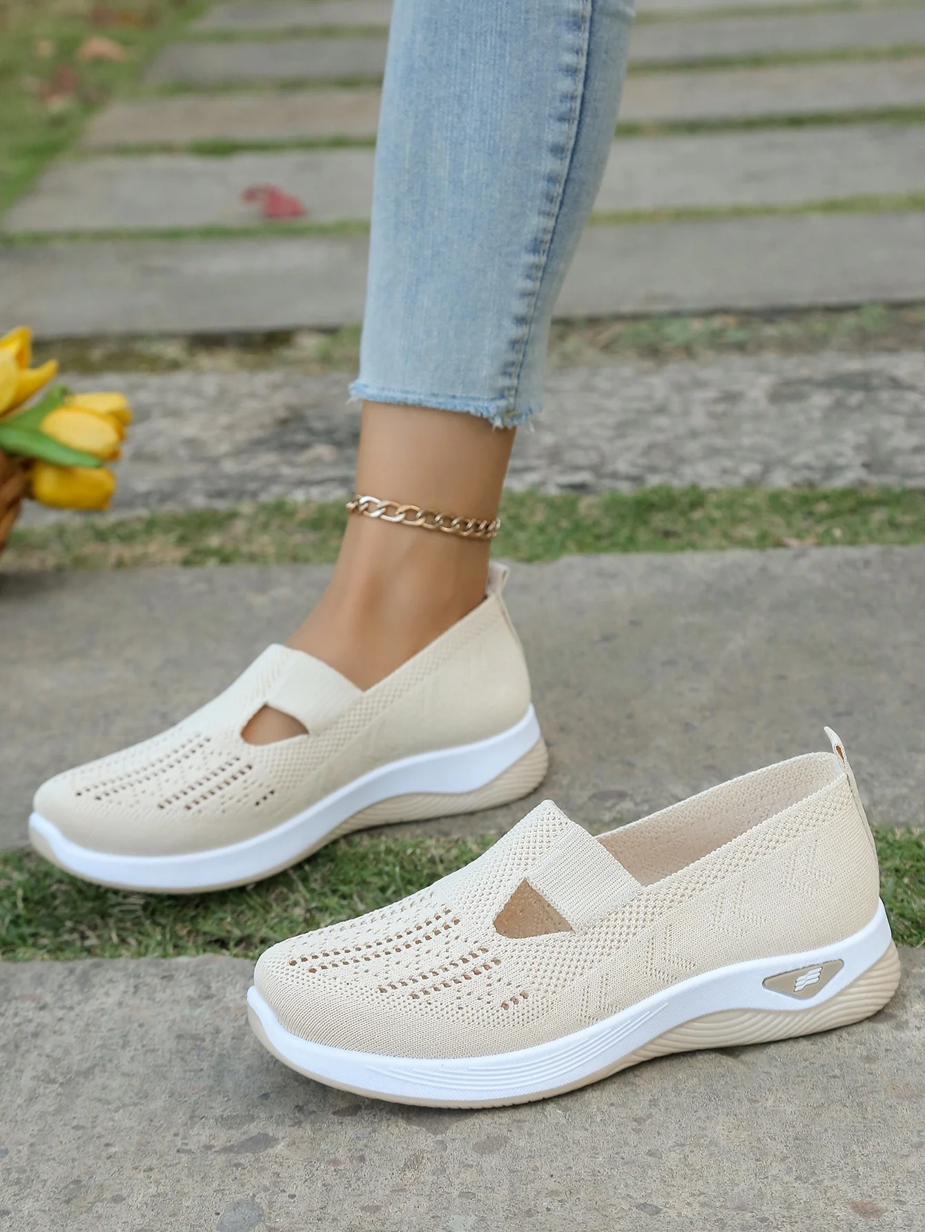 Women's Hollow Knit Mesh Slip On Sneakers, Orthopedic Comfortable Walking Shoes, Casual Flats for Elderly