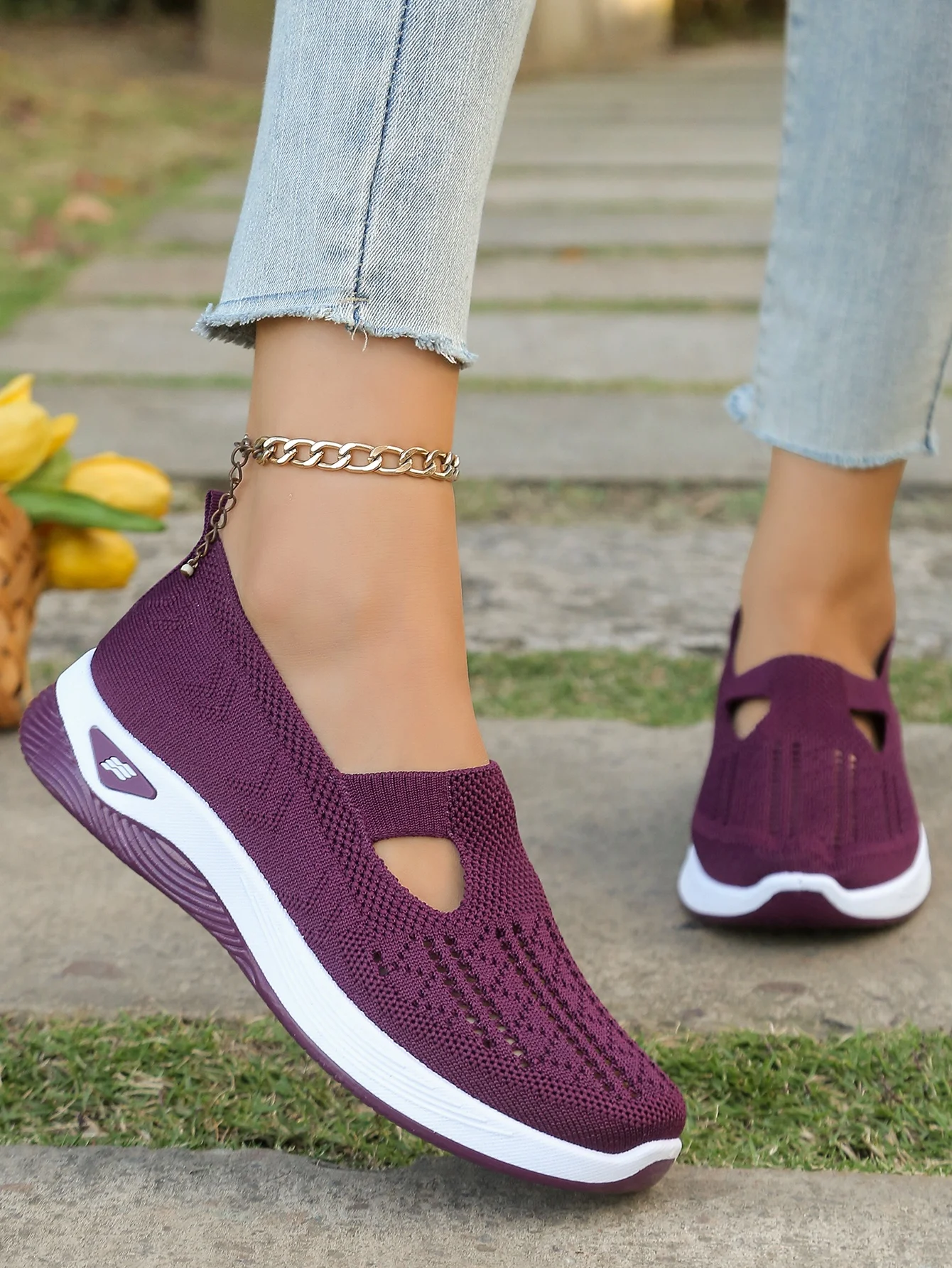 Women's Hollow Knit Mesh Slip On Sneakers, Orthopedic Comfortable Walking Shoes, Casual Flats for Elderly