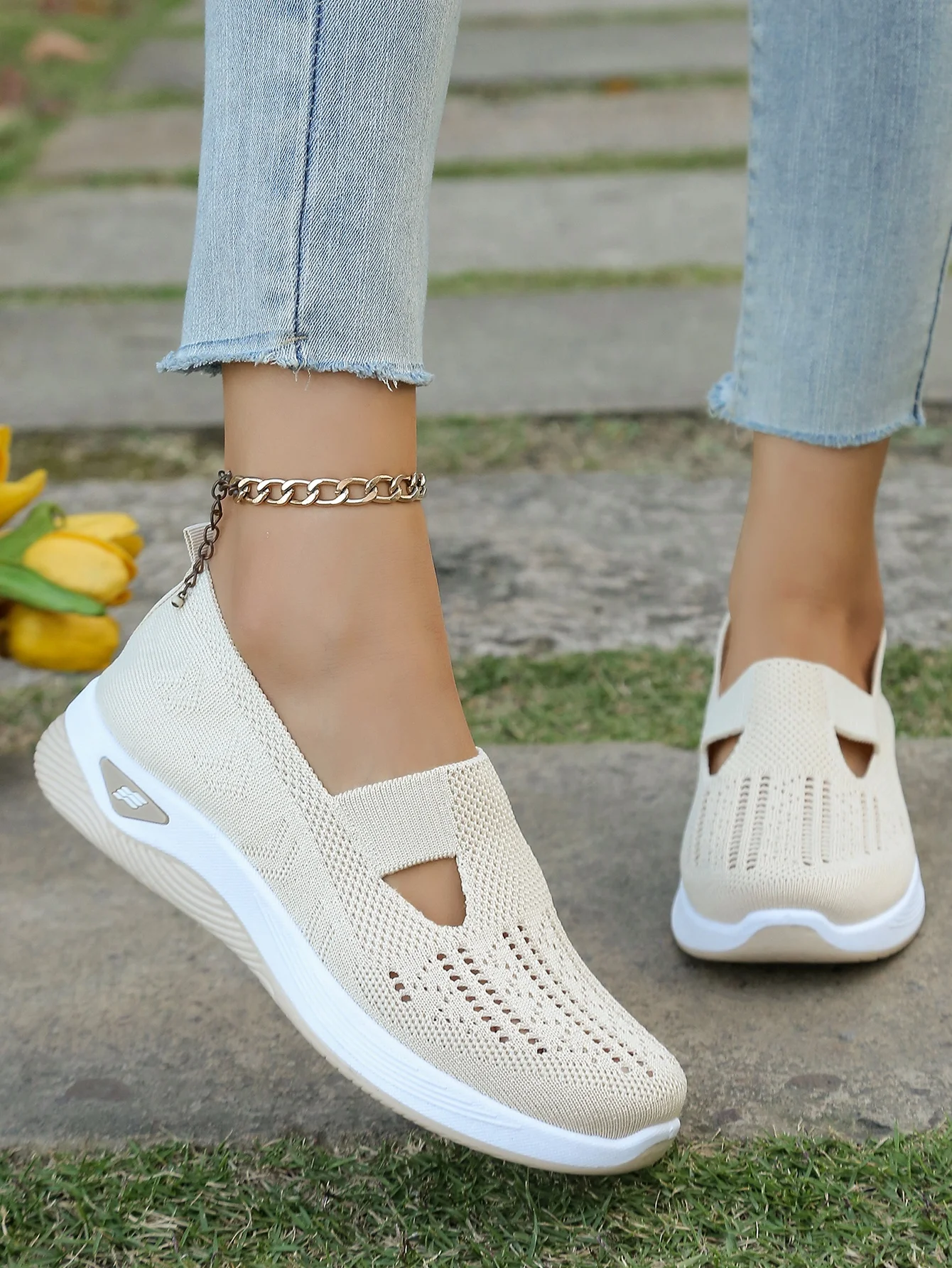 Women's Hollow Knit Mesh Slip On Sneakers, Orthopedic Comfortable Walking Shoes, Casual Flats for Elderly