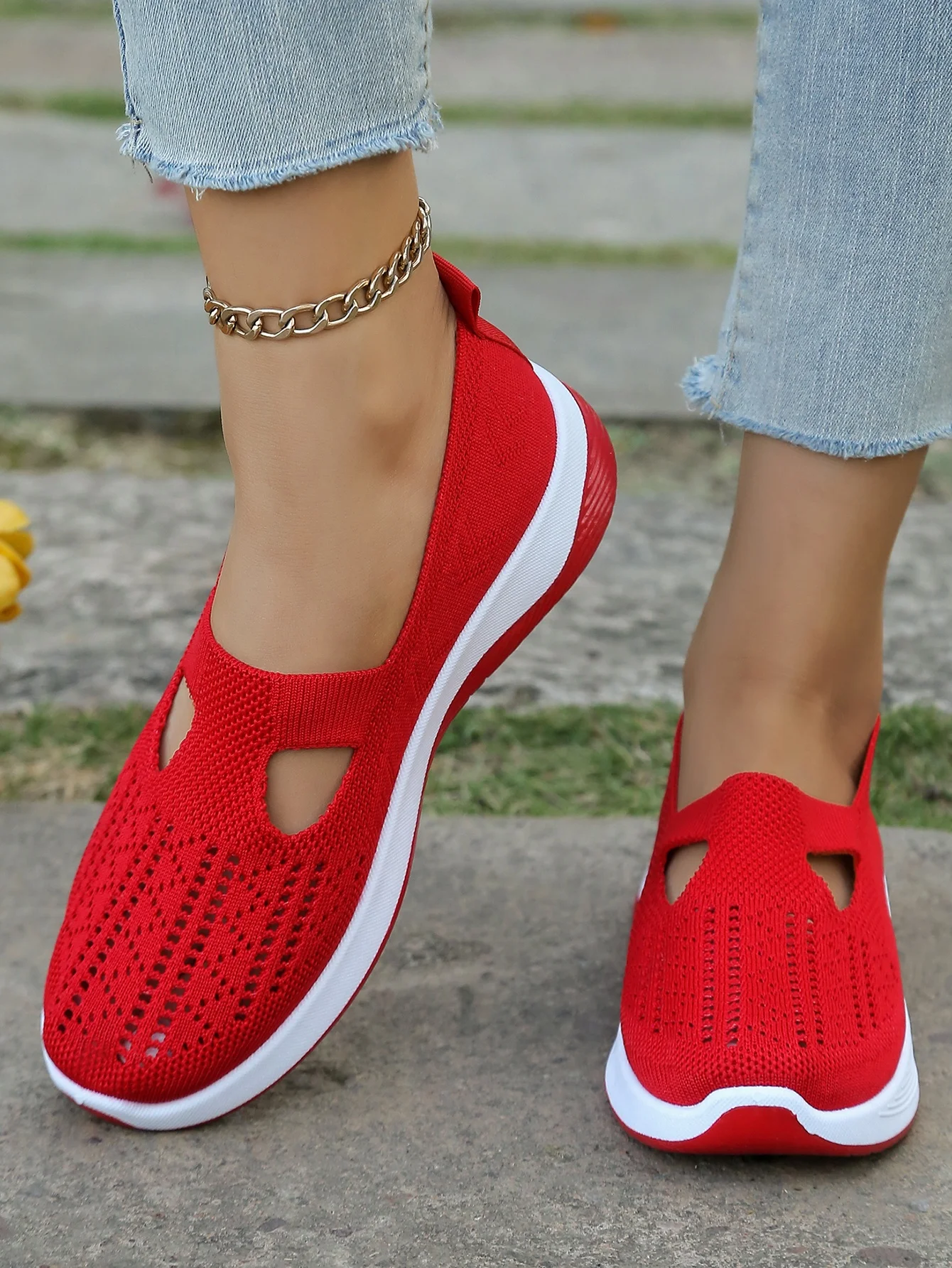 Women's Hollow Knit Mesh Slip On Sneakers, Orthopedic Comfortable Walking Shoes, Casual Flats for Elderly