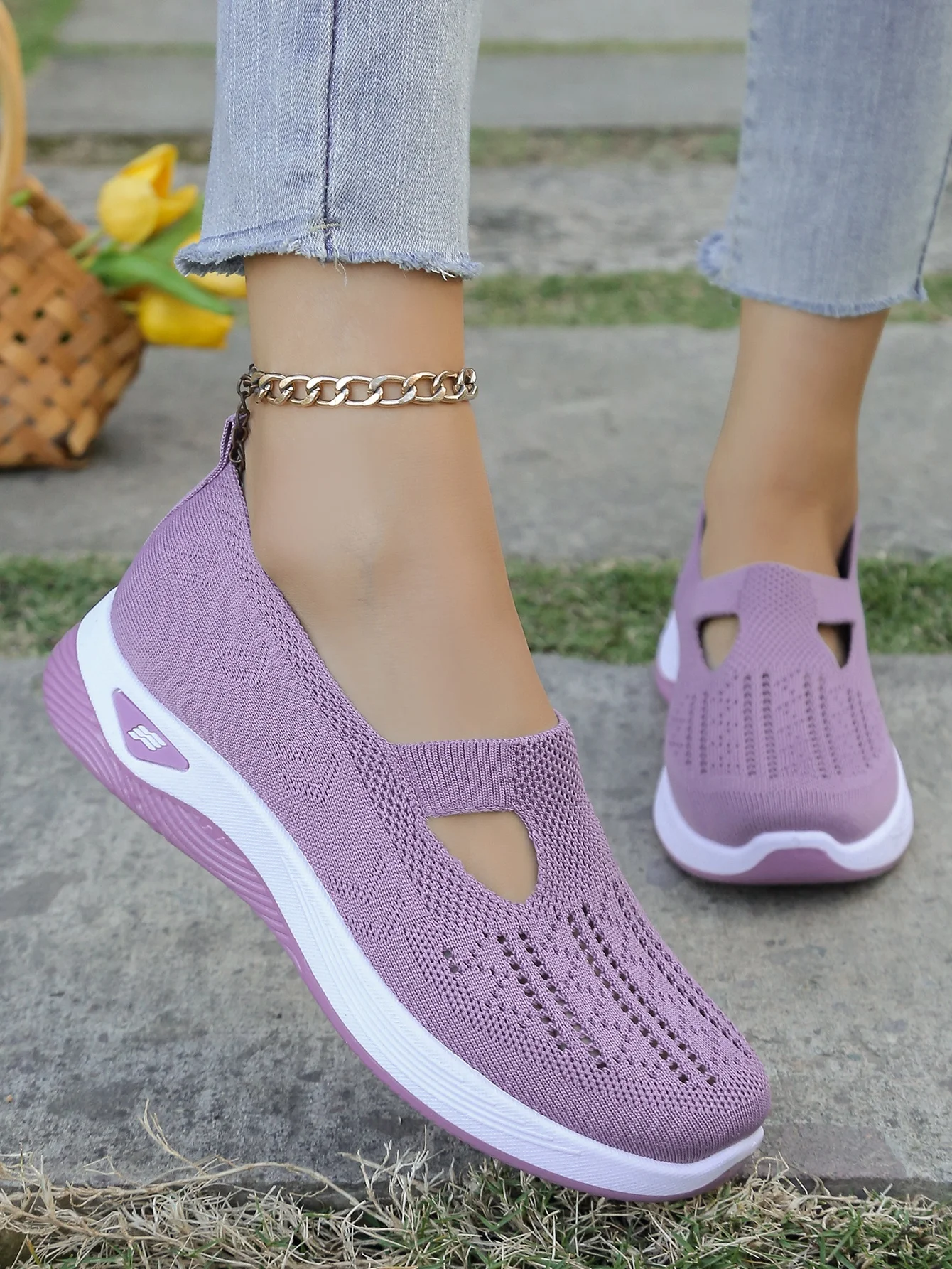 Women's Hollow Knit Mesh Slip On Sneakers, Orthopedic Comfortable Walking Shoes, Casual Flats for Elderly