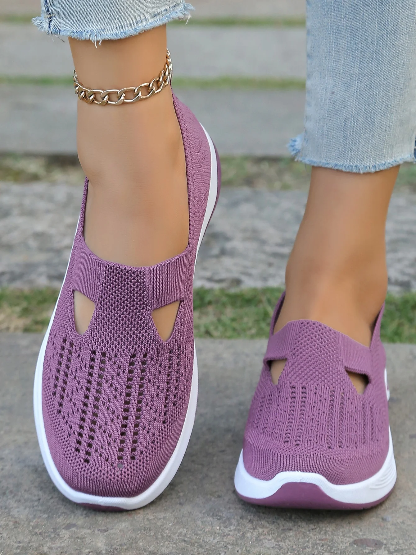 Women's Hollow Knit Mesh Slip On Sneakers, Orthopedic Comfortable Walking Shoes, Casual Flats for Elderly