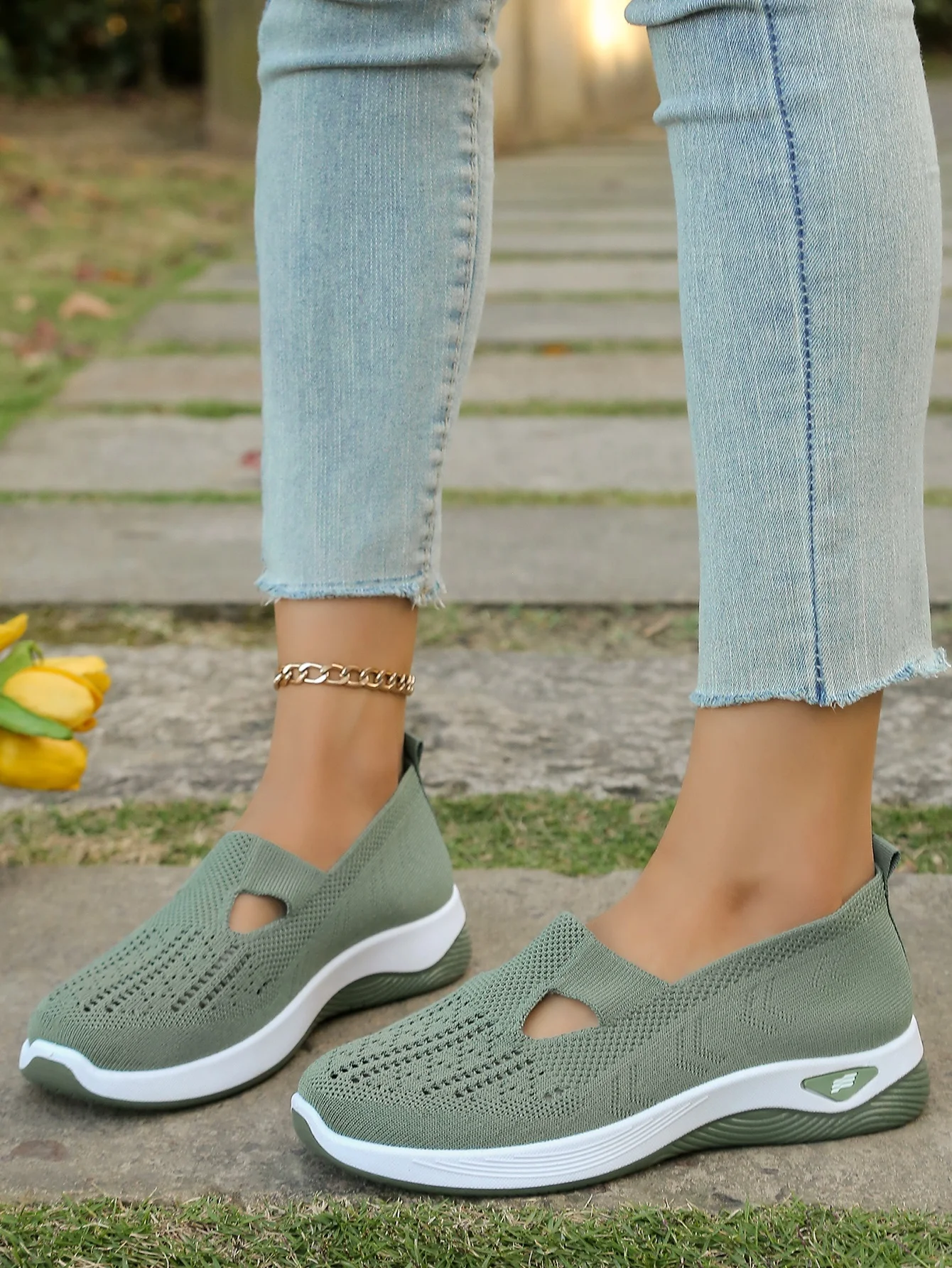 Women's Hollow Knit Mesh Slip On Sneakers, Orthopedic Comfortable Walking Shoes, Casual Flats for Elderly