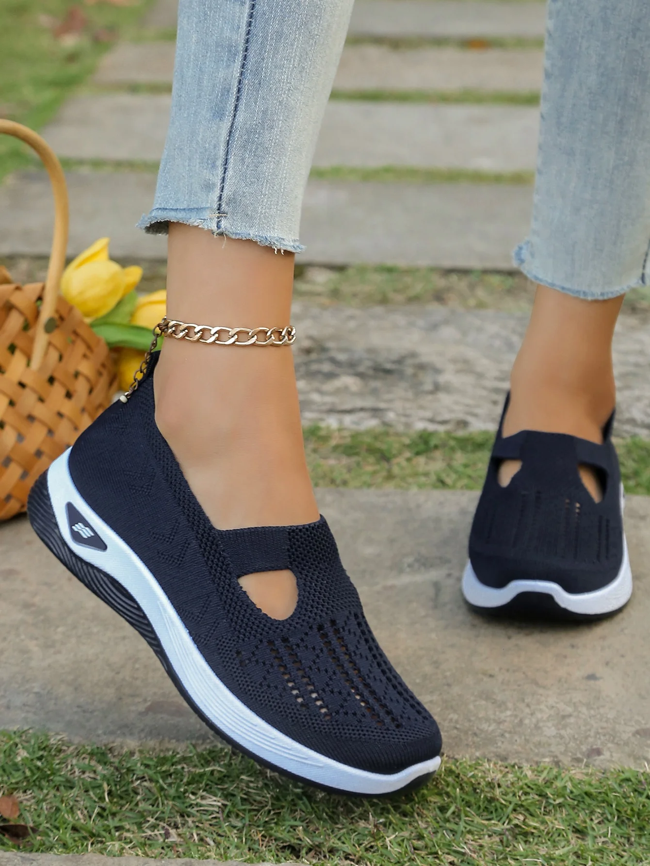Women's Hollow Knit Mesh Slip On Sneakers, Orthopedic Comfortable Walking Shoes, Casual Flats for Elderly