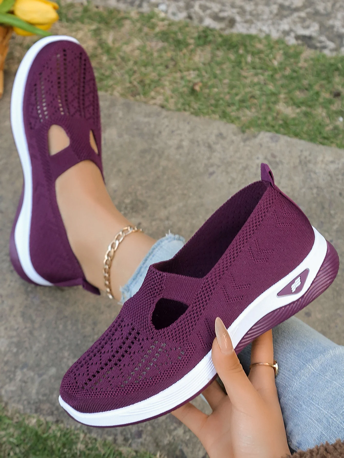 Women's Hollow Knit Mesh Slip On Sneakers, Orthopedic Comfortable Walking Shoes, Casual Flats for Elderly