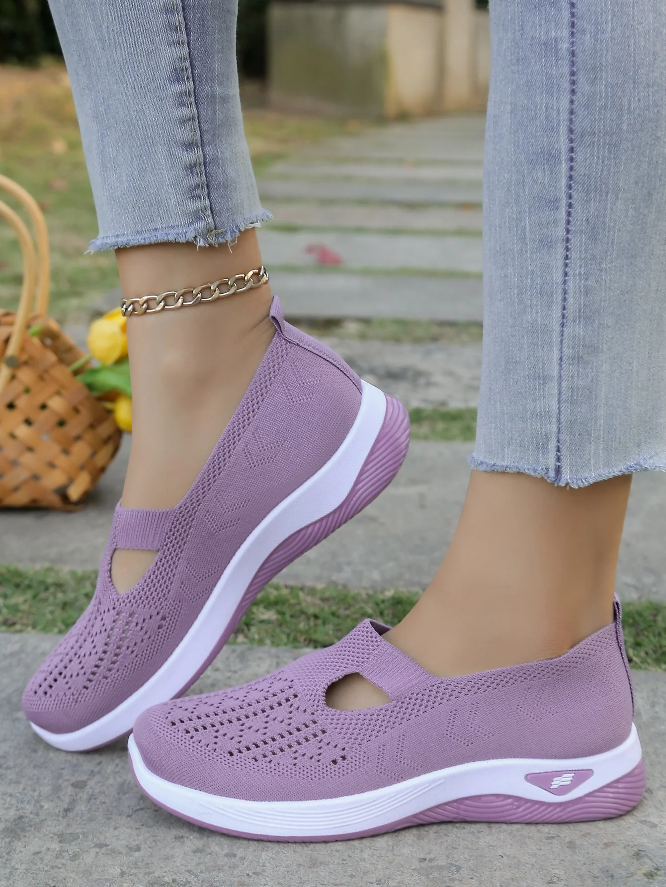 Women's Hollow Knit Mesh Slip On Sneakers, Orthopedic Comfortable Walking Shoes, Casual Flats for Elderly