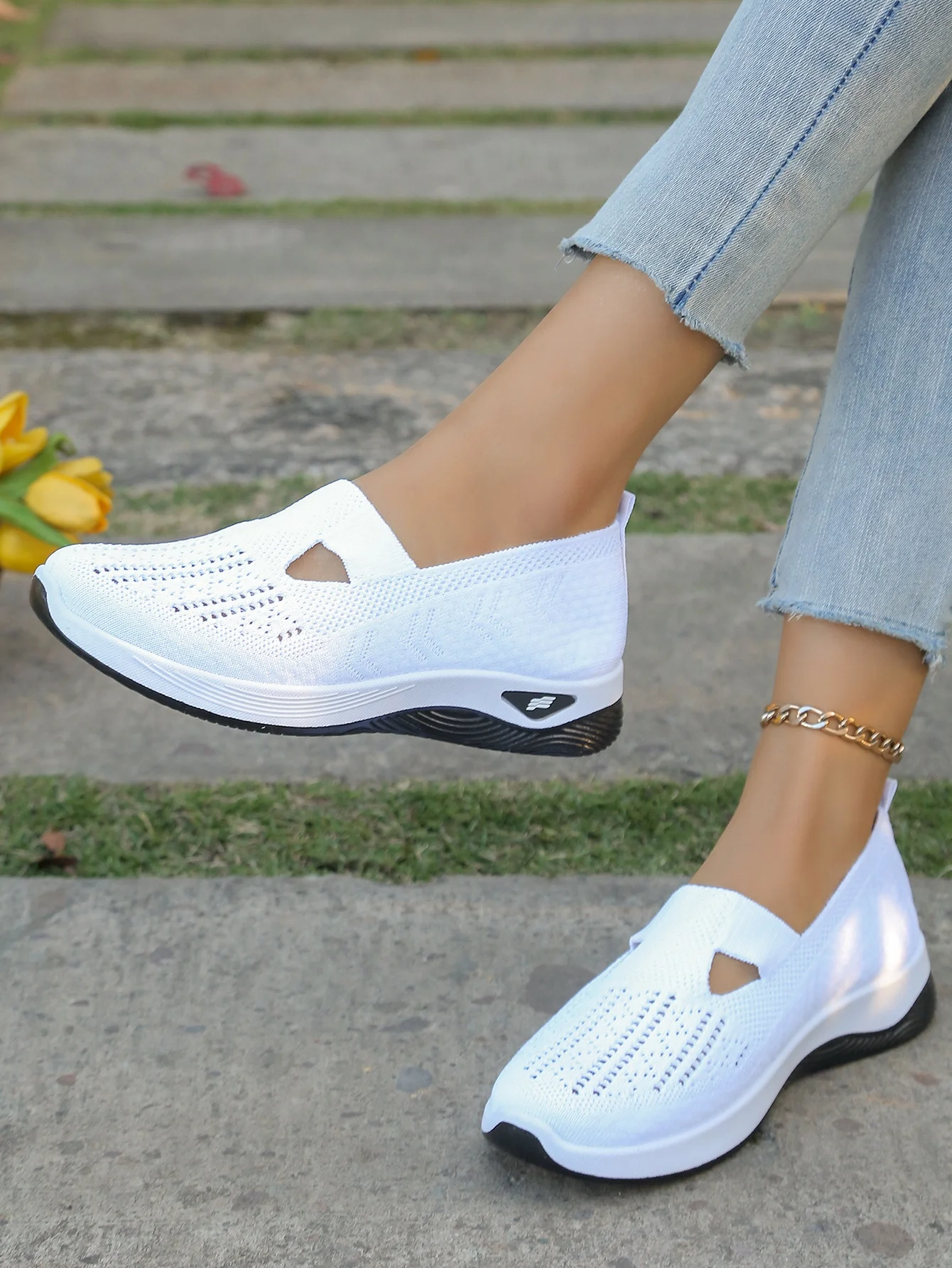 Women's Hollow Knit Mesh Slip On Sneakers, Orthopedic Comfortable Walking Shoes, Casual Flats for Elderly