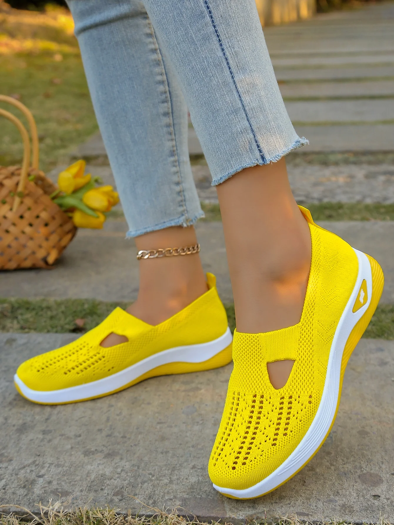 Women's Hollow Knit Mesh Slip On Sneakers, Orthopedic Comfortable Walking Shoes, Casual Flats for Elderly