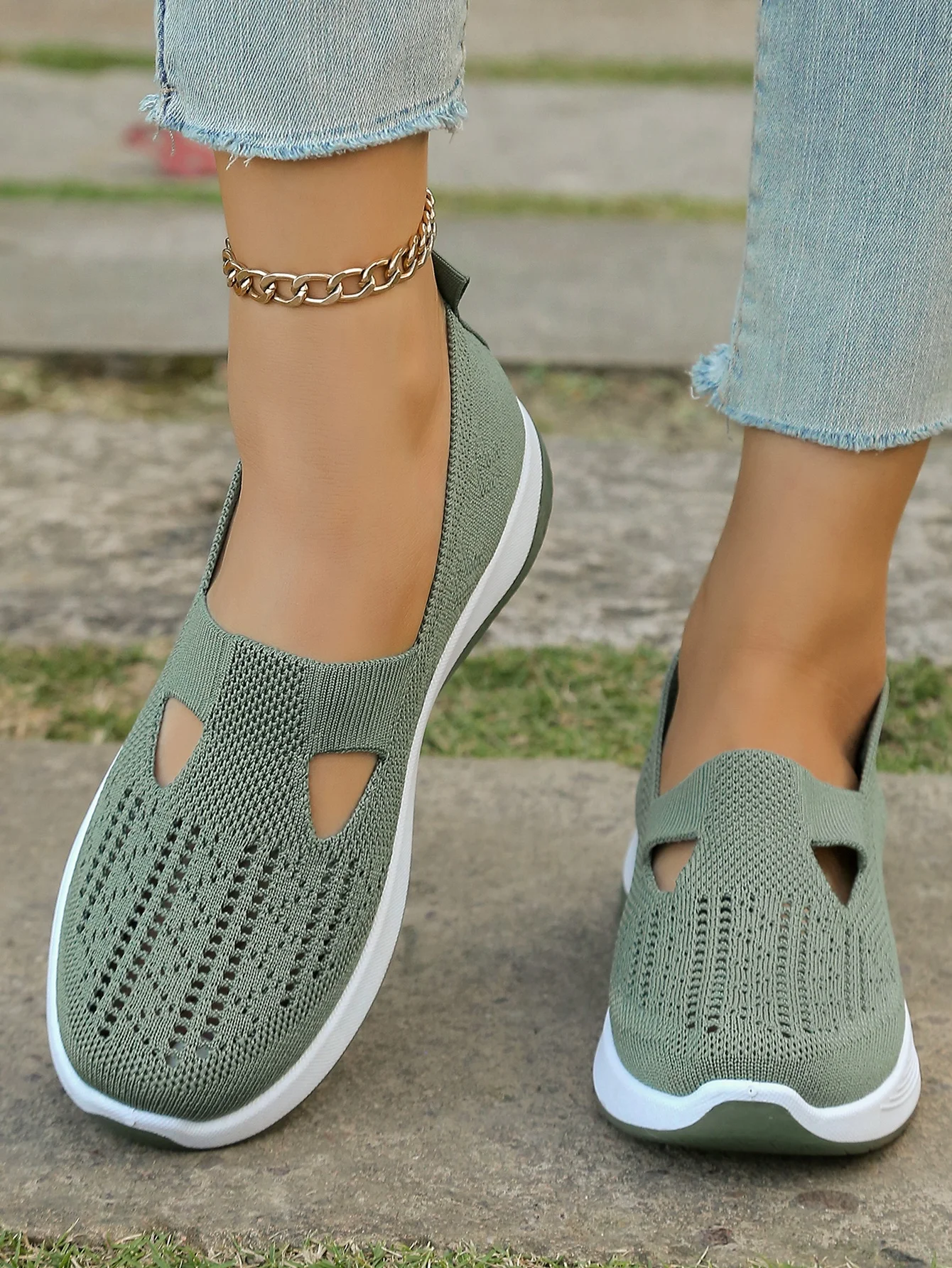 Women's Hollow Knit Mesh Slip On Sneakers, Orthopedic Comfortable Walking Shoes, Casual Flats for Elderly