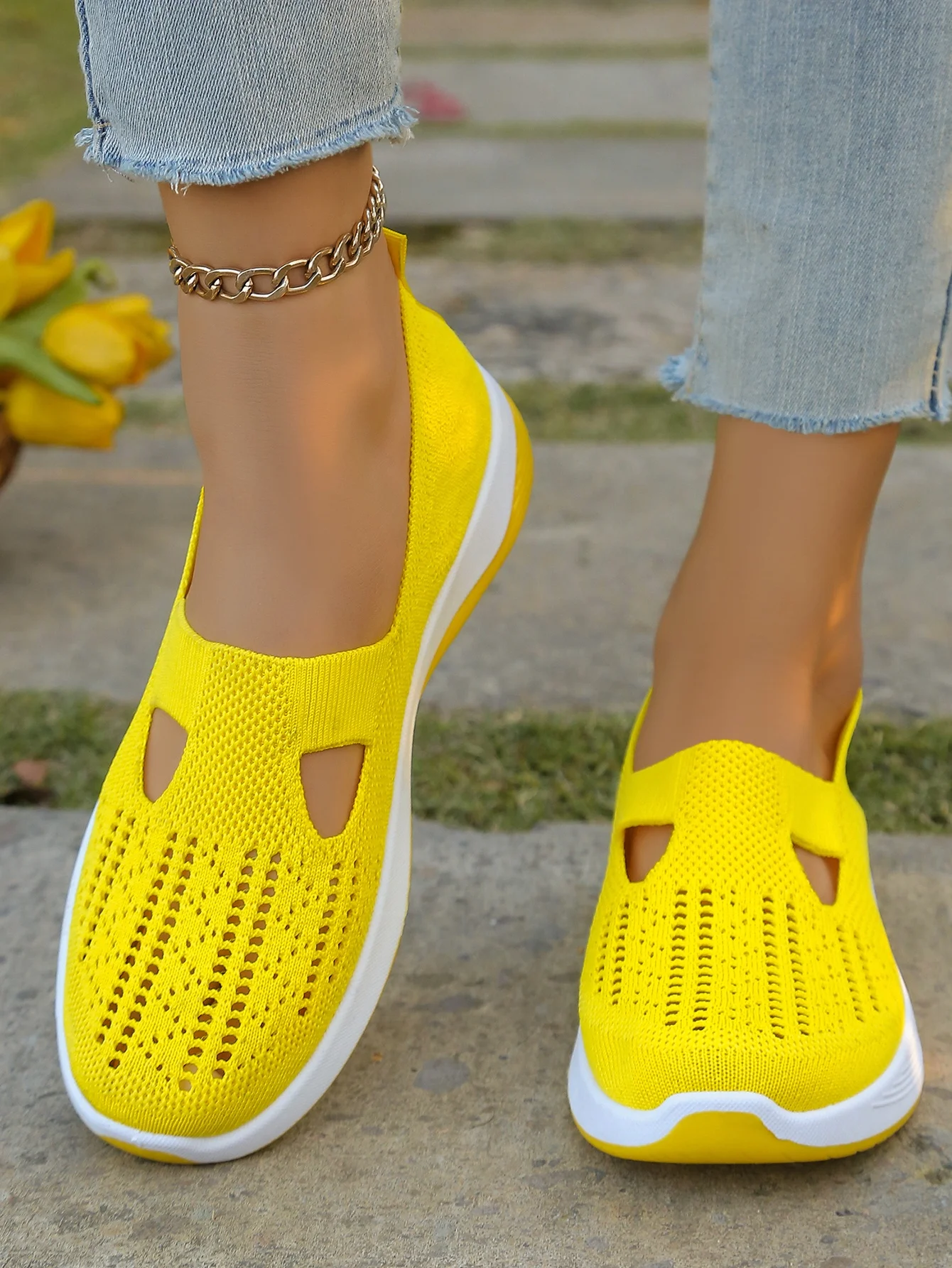 Women's Hollow Knit Mesh Slip On Sneakers, Orthopedic Comfortable Walking Shoes, Casual Flats for Elderly