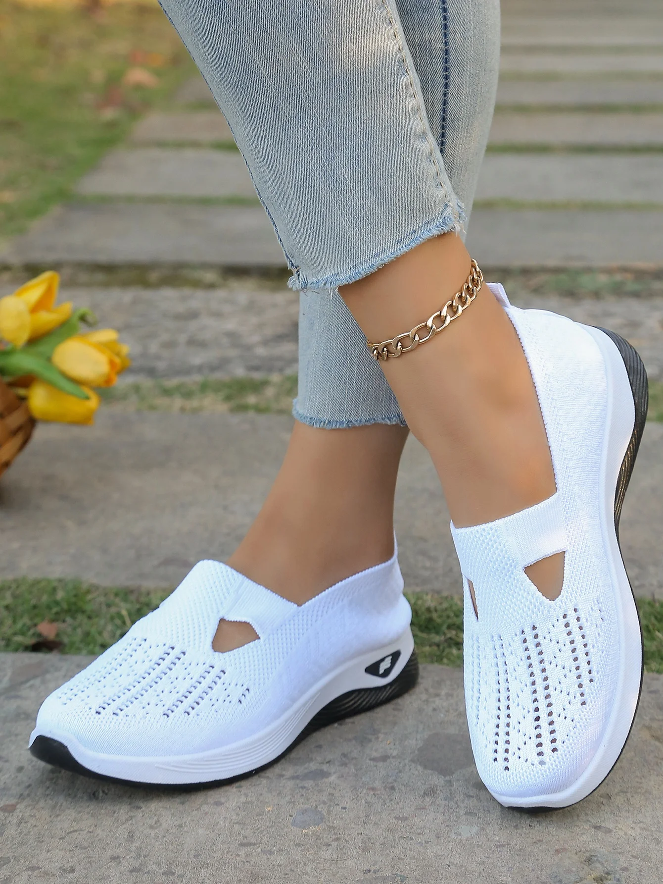 Women's Hollow Knit Mesh Slip On Sneakers, Orthopedic Comfortable Walking Shoes, Casual Flats for Elderly